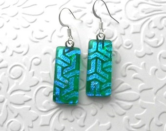 Teal Blue Fused Glass Earrings - Dichroic Fused Glass Earrings - Dichroic Earrings - Dichroic Jewelry - Bohemian Earrings B9945