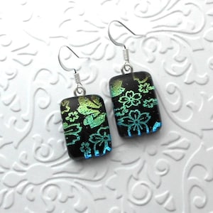 Hawaiian Flower Earrings - Dichroic Fused Glass Earrings - Dichroic Earrings - Dichroic Jewelry - Bohemian - Boho - Hippie Earrings 3601