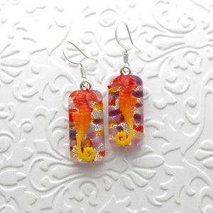 Seahorse Earrings - Shell Earrings - Beach Glass - Dichroic Fused Glass Earrings - Dichroic Earrings - Ocean Beach - Sea Glass B6811