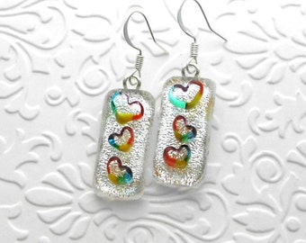 Heart Earrings - Fused Glass - Dichroic Fused Glass Earrings - Heart Earrings - Glass Jewelry- Murrini Hearts C2399