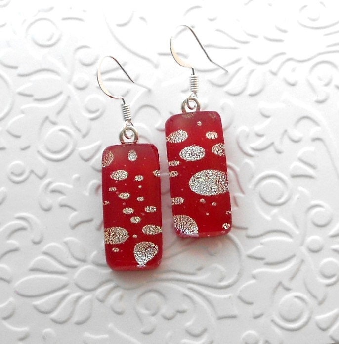 Snowball Earrings - Dichroic Fused Glass Earrings - Christmas Ornament - Christmas Jewelry - Red Earrings - Snowflake Earrings A2137