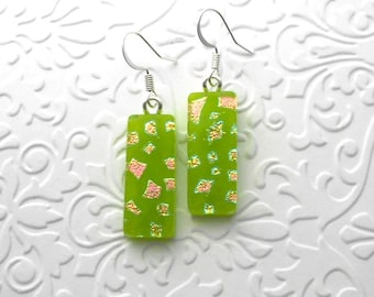 Pink And Green Earrings - Dichroic Fused Glass Earrings - Dichroic Earrings - Dichroic Jewelry - Boho Earrings - Fused Glass C7452
