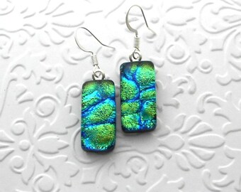 Emerald Green Earrings - Dichroic Fused Glass Earrings - Dichroic Earrings - Dichroic Jewelry - Bohemian - Boho Earrings - Fused Glass C4415