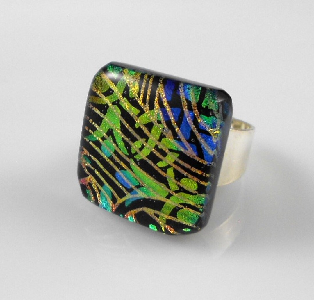 Large Ring Dichroic Fused Glass Ring Metal Ring Glass Etsy