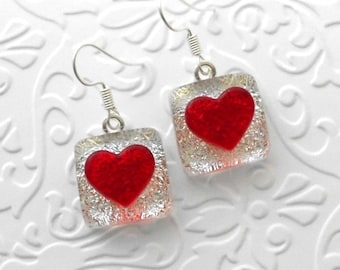 Red Heart Earrings - Dichroic Fused Glass Earrings - Dichroic Earrings - Dichroic Jewelry - Bohemian - Boho - Hippie Earrings 8207