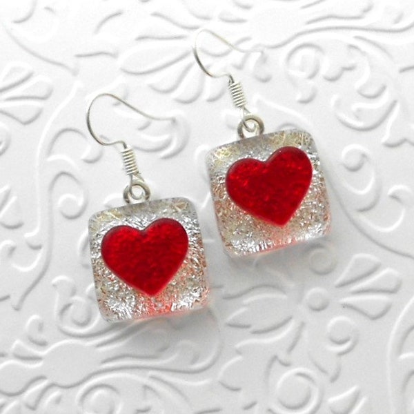 Red Heart Earrings - Dichroic Fused Glass Earrings - Dichroic Earrings - Dichroic Jewelry - Bohemian - Boho - Hippie Earrings 8207