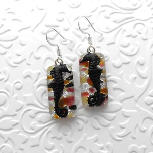 Seahorse Earrings - Shell Earrings - Beach Glass - Dichroic Fused Glass Earrings - Dichroic Earrings - Ocean Beach - Sea Glass D6341