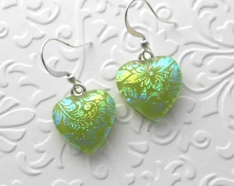Heart Earrings - Fused Glass - Dichroic Fused Glass Earrings - Heart Earrings - Glass Jewelry - Valentines Gift 3107
