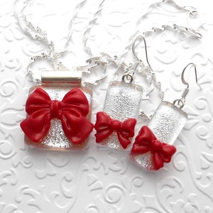 Red Bow Fused Glass Pendant and Earring Set - Dichroic Fused Glass - Red Pendant - Fused Glass Pendant - Dichroic Jewelry - Boho A4622