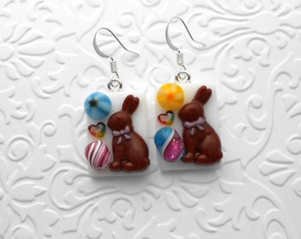 Chocolate Bunny Fused Glass Earrings - Easter Egg Earrings - Flower And Bunny Earrings - Fused Glass - Happy Easter Earrings B6377