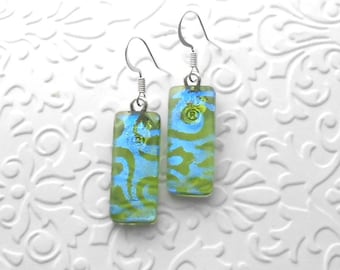 Teal Blue Green Earrings - Dichroic Fused Glass Earrings - Dichroic Earrings - Dichroic Jewelry - Boho Earrings - Fused Glass B3348