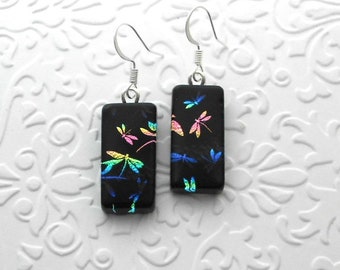 Dragonfly Earrings - Dichroic Fused Glass Earrings - Dichroic Earrings - Dichroic Jewelry - Bohemian - Boho Hippie Earrings A3088