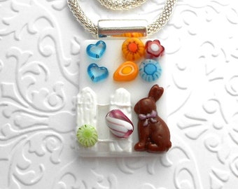 Chocolate Bunny Fused Glass Pendant - Easter Pendant - Flower And Bunny Pendant - Fused Glass - Happy Easter Pendant 3562