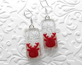 Reindeer Earrings - Christmas Earrings - Dichroic Fused Glass Earrings - Christmas Ornament - Christmas Jewelry - Fused Glass D4755