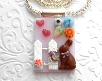 Chocolate Bunny Fused Glass Pendant - Easter Pendant - Flower And Bunny Pendant - Fused Glass - Happy Easter Pendant 5330