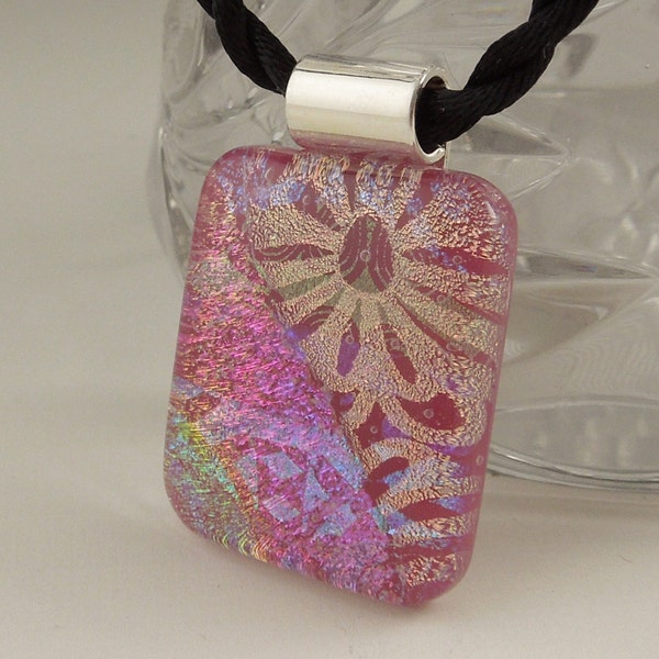 Pink Flower Pendant, Dichroic Fused Glass Pendant,  Dichroic Glass Jewelry, Dichroic Necklace X7332