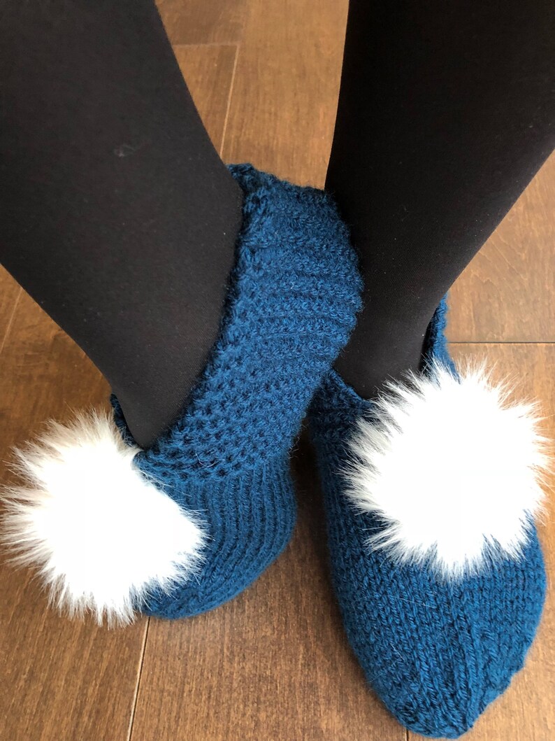 Faux Fur Pompoms Slippers Woman Slippers Hand Knitted Etsy
