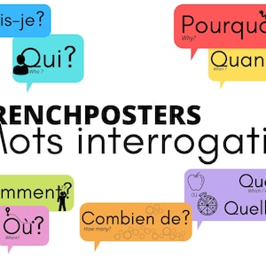 Puede incluir: Burbujas de diálogo coloridas con palabras interrogativas francesas, como "Puis-je?" (¿Puedo?), "Qui?" (¿Quién?), "Pourquoi?" (¿Por qué?), "Quand?" (¿Cuándo?), "Comment?" (¿Cómo?), "Où?" (¿Dónde?), "Combien de?" (¿Cuántos?), "Quel?" (¿Cuál/Qué?) y "Quelle?" (¿Cuál/Qué?). El texto "FRENCHPOSTERS Mots interrogatifs" se muestra en negro debajo de las burbujas de diálogo.