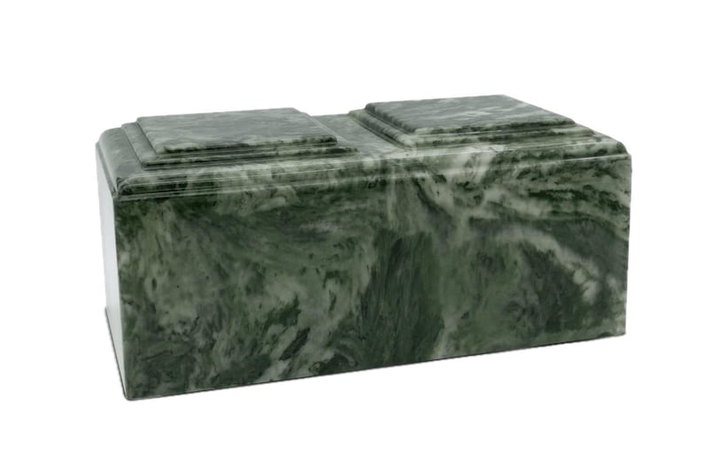 May include: A green marble cremation urn with a double-lid design. The urn has a swirling pattern of green and white.