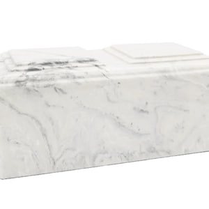 May include: White marble cremation urn with a rectangular shape and a smooth, polished finish.
