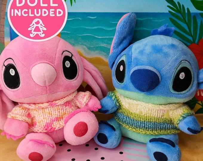 Lilo & Stitch Inspired Plushies with Handmade Knitted Sweaters – Pick One or Get Both! | Pink and Blue, Cute Birthday Gift for Boy or Girl