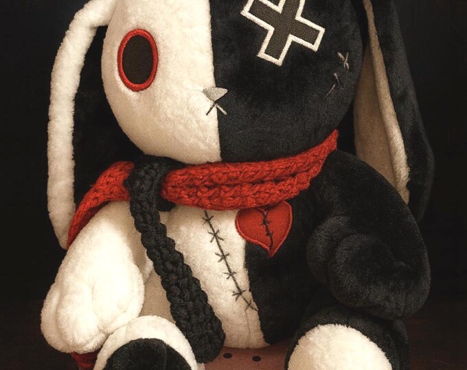 Gothic White and Black Bunny Plush with Handmade Knitted dual colored black & red Scarf | Dark, alt or emo aesthetic, Spooky | perfect gift