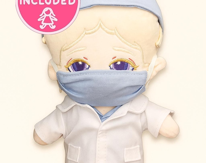 Doctor 20 cm Plush Doll with Full Outfit – Plushie Blond Surgeon Companion in Blue Scrubs and a White Lab Coat | Make Believe Hospital Toy