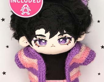Doll included Custom Collectable Black Haired Fox Boy Plush with Handmade Knitted Cardigan or Bee Coat, Multiple Outfit Options – Cute style