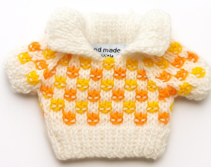 Cute Knitted Doll Sweater White with Yellow and Orange Accents Cozy Handmade Outfit for 20 cm Plush Dolls Great Gift Idea Plushie Clothing