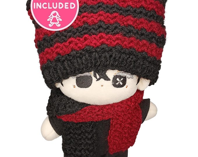 Doll Included Dog Boy Handmade Striped Cat Ears Beanie & Scarf Set 20cm Plushie Dolls Emo Red Black Knitwear Plush Alternative alt Fashion