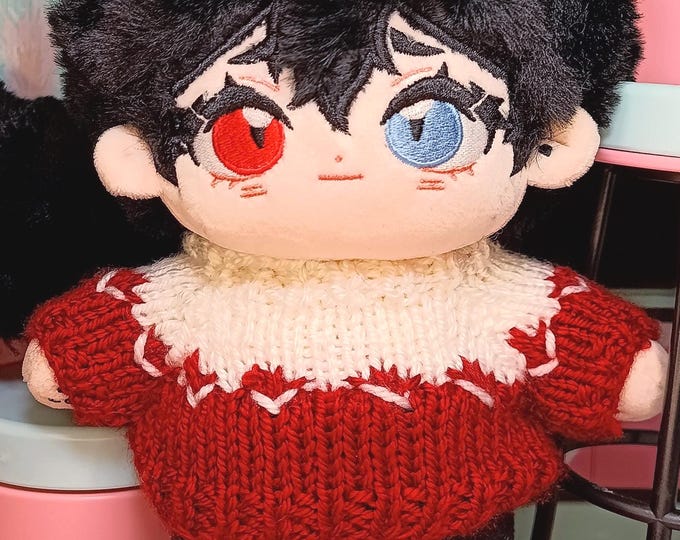 Alt Dark Fox Boy with Heterochromia Blue Red Black 20cm Plush Cotton Doll with Outfit Handmade Knitted Sweater and Black Pants Options Set