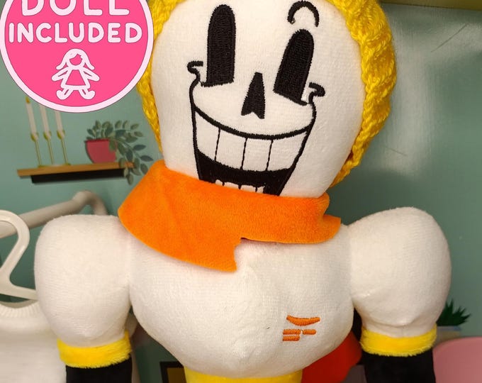 Papyrus Undertale with Handmade Yellow Knitted Beanie – Plush Toy Plushie with Extra Flair Cozy Unofficial Merch Sans' brother Doll included