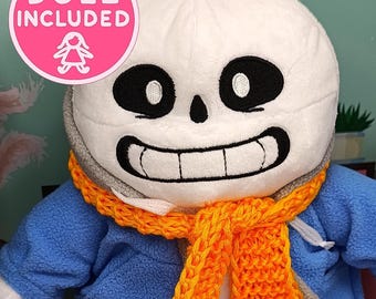 Sans Undertale Plush with Handmade Scarf – White Skeleton Plush Toy with Removable Hoodie Perfect for Alt Universe Birthday Gift Cosplay
