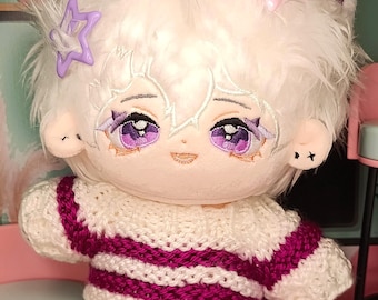 Handmade Knit Sweater for 20cm Plush Doll: White & Purple Stripes