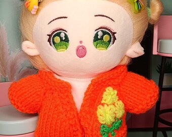 Handmade Neon Orange Doll Cardigan: Embroidered Floral Knit for 20cm Plush