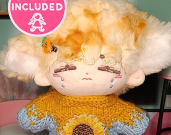 Orange Crying Sheep Boy 20cm Cotton Plush Doll Handmade Sunflower Knitted Sweater Set for Dolls Mustard Yellow & Light Blue Outfit Two-Tone
