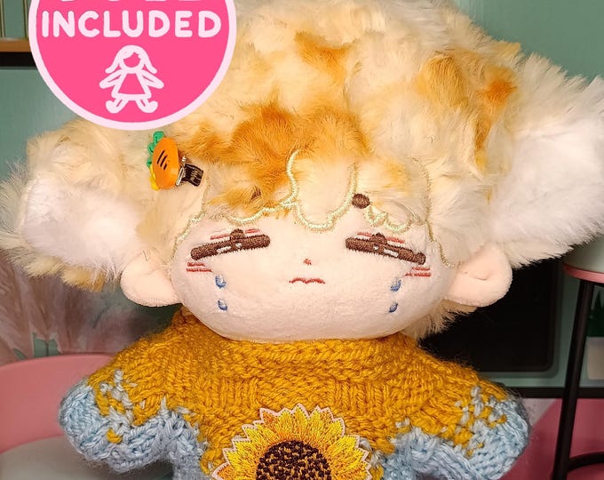 Orange Crying Sheep Boy 20cm Cotton Plush Doll Handmade Sunflower Knitted Sweater Set for Dolls Mustard Yellow & Light Blue Outfit Two-Tone