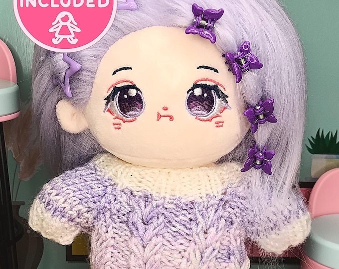 Doll Included Purple lavender Hair Handmade Soft white Cable knit Sweater 20cm Plush Dolls Cozy Knitwear Girl Plushie Full Outfit Clothing