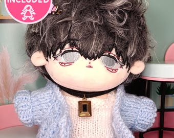 Emotionless Emo Doll Hollow Eyes Alt Aesthetic | Handmade Baby Blue Cardigan 20cm Dolls Sad Eyes Black and Grey Hair Set Black Pants Plushie