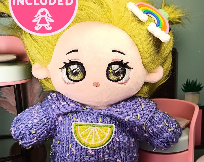 Adorable Green Plush Doll with Custom Knit Purple Sweater - Perfect Gift Idea! 20cm Green Doll, Toy Sweater Only, Doll with Full Outfit