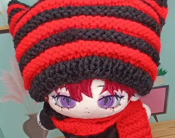 Doll Included Bear Boy Handmade Striped Cat Beanie & Scarf Set 20cm Plushie Dolls Emo Red and Black Knitwear Plush Alternative alt Fashion