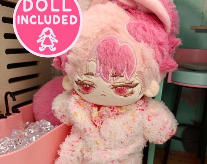Pink Pastel Cat Plush Doll with Detachable Tail Handmade Bathrobe and Towel – Full Set, Doll Only or Clothes Only | Soft Cotton 20cm Plushie