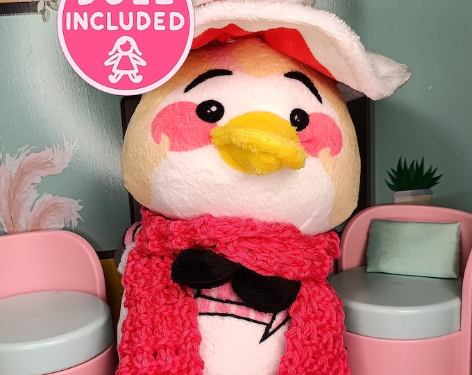 Lucifer Duck Plush with Handmade Hot Pink Soft Knitted Scarf 50 cm – Hazbin Hotel Inspired Plush Morningstar Plushie Toy with Extra Flair