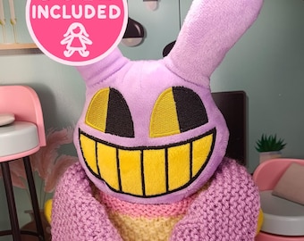 The Amazing Digital Circus Jax Plush with Handmade Knitted Sweater & Vest Unique Custom Outfit Bunny Pastel Outfit Wardrobe DOLL INCLUDED