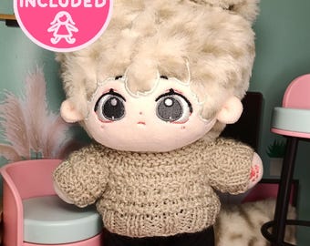 Dog Boy 20 cm Plush Doll w/Handmade Knit Sweater Plushie Cozy Beige Sparkle Thread Plushie Soft Aesthetic Sandy Cute Knitted Wardrobe Toys