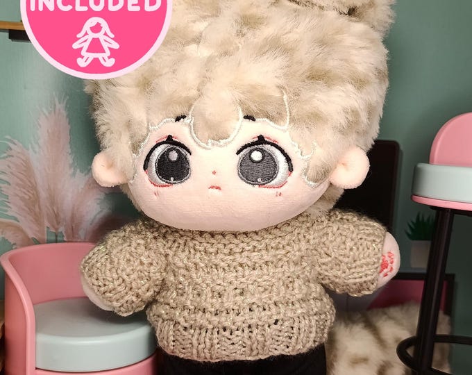 Dog Boy 20 cm Plush Doll w/Handmade Knit Sweater Plushie Cozy Beige Sparkle Thread Plushie Soft Aesthetic Sandy Cute Knitted Wardrobe Toys