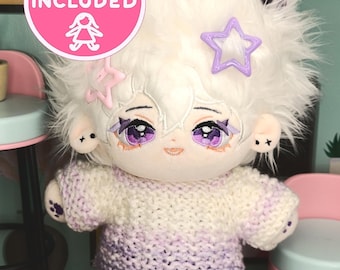 Doll Included White Hair Cat Ears Handmade Soft purple-white gradient Sweater 20cm Plush Dolls Knitwear Cat Boy Plushie Full Outfit Tail