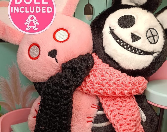 Pastel Goth Bunny Plush Plushie with Dual-Tone Alt Emo Style Handmade 50 cm Scarf Creepy Edgy Cute Vibes TikTok aesthetic Dark