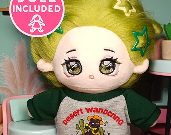 Tomboy style Lith Green Hair Plush Girl 20 cm Doll with Outfit Full Set Casual Streetwear Aesthetic Dolls Green Eyes Fit Included