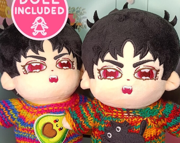 Black-Haired Plush Doll Handmade Knitted Sweaters Avocado Black Cat Sweater 20cm Dolls Clothe Collectible Plushie Outfits Knit DOLL INCLUDED